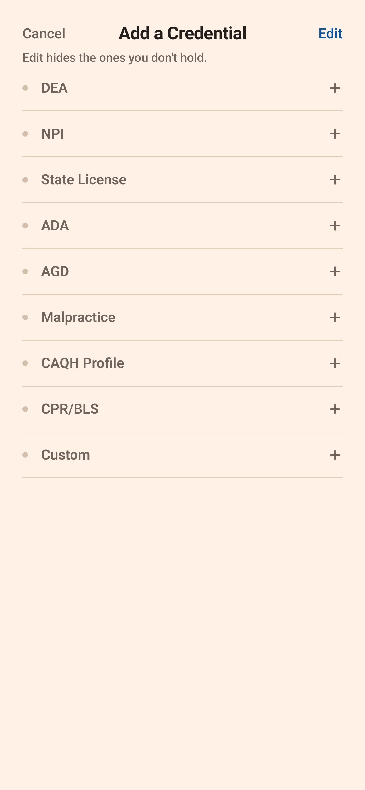 The DentKey Add a Credential list in light mode, with DEA, NPI, state license, ADA, AGD, malpractice, CAQH profile and CPR options